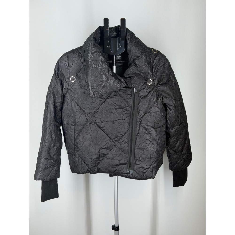 Fashion Collection Black Floral Embossed Quilted Asymmetrical Puffer Jacket M